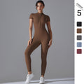 New solid color zip-up compression high-stretch short sleeve bodysuit activewear - workout, fitness, running, cropped leggings, yoga outfit