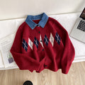 Preppy style denim polo collar rhombus pattern knittingcardigan women's autumn loosesweateroutwearniche styleclassytops