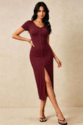independent station fashionv neck short-sleeved dress single-breasted slit waist slimming lookelegant mid-length skirt
