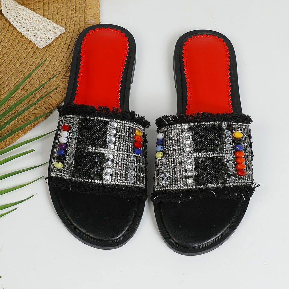 2025 trendy influencer flat sandals - new summer women's outdoor wear, versatile ladies' rhinestone thong sandals