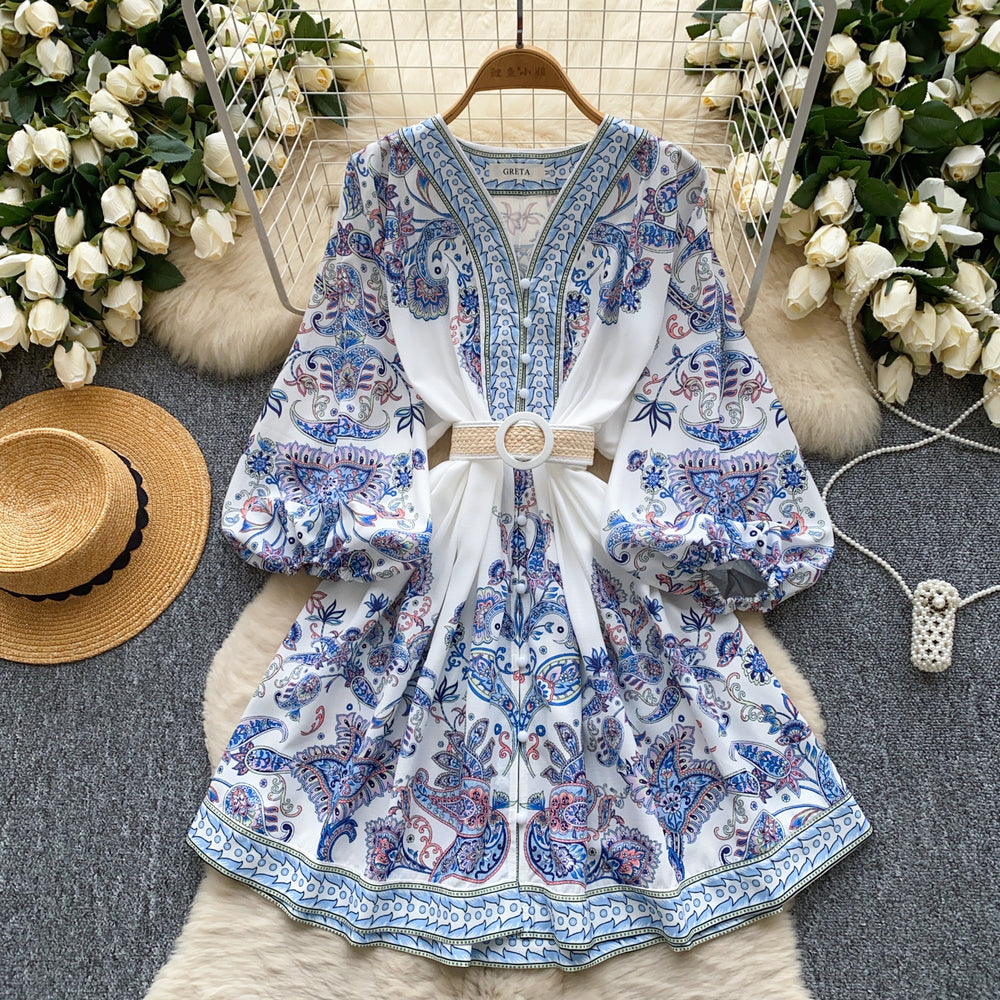 Palace style dress for women new arrivalfashionretrov neck lantern sleeve waist printing a line dress short skirt