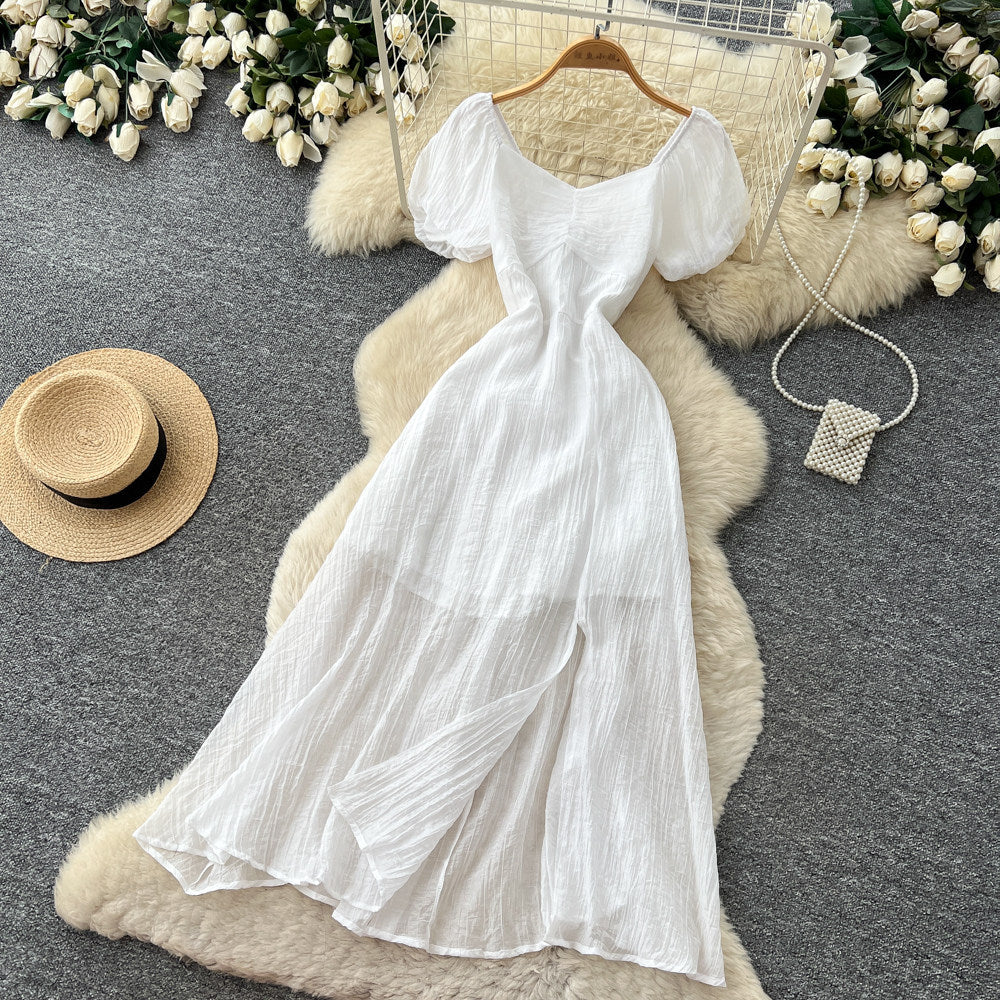 Lady style yellow casual puff sleeve dress women's summer lazy square neck waist slimming look a-line long skirt
