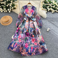 Palace retro design cross v neck mesh lantern sleeves strappy waist printing large swing puffy fashiondress