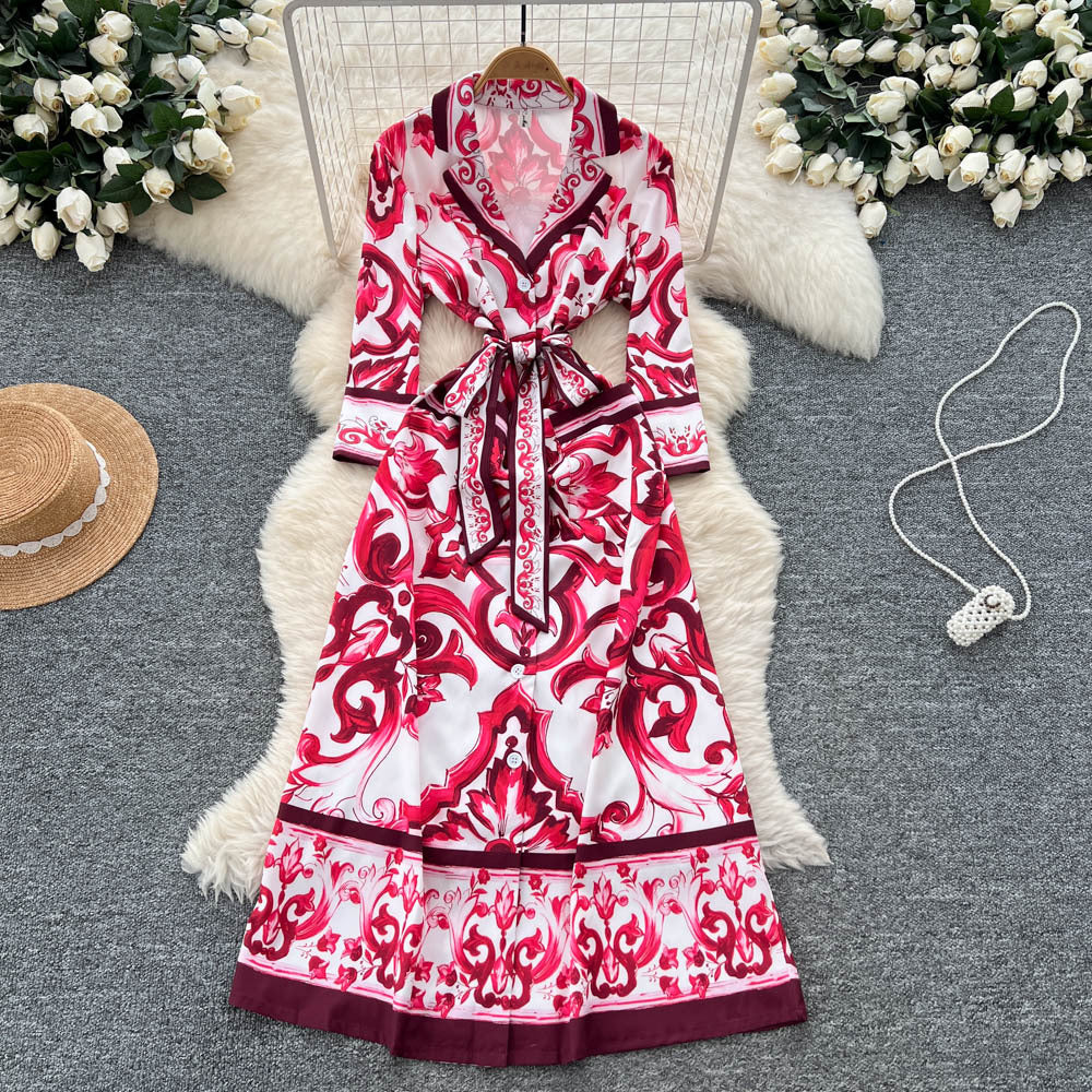 European and american retro court style chic blazer collar long sleeve tie-waist printed dress - women's french elegant maxi dress
