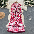 European and american retro court style chic blazer collar long sleeve tie-waist printed dress - women's french elegant maxi dress