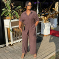European and american women's clothing  autumn new collection: sweet and fresh turn-down collar long sleeve shirt and high-waisted straight-leg pants two-piece set