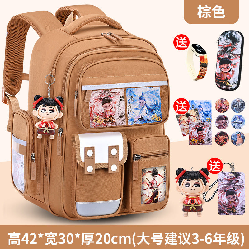 New nezha backpack for boys and girls, grades 1-6: spine protection, lightweight design, and extra-large capacity
