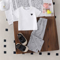 Baby girl heart print short sleeve two-piece set: solid color heart tee & vertical stripe heart wide-leg pants - casual summer outfit