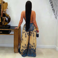 C7772 cross-border  new women's retro print deep v waist tie-up slit wide leg vacation style jumpsuit
