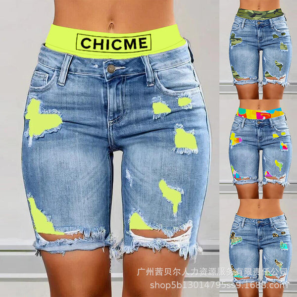 Spring creative European and American contrasting color splicing ripped fake two-piece denim shorts-ODF2601