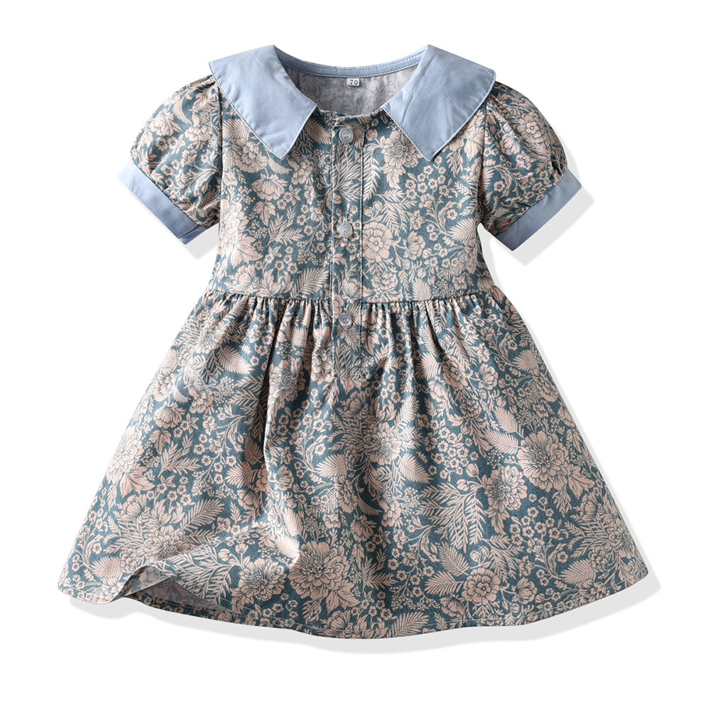 Girls' floral print cotton dress with straw hat - vintage-inspired, chic, and sweet