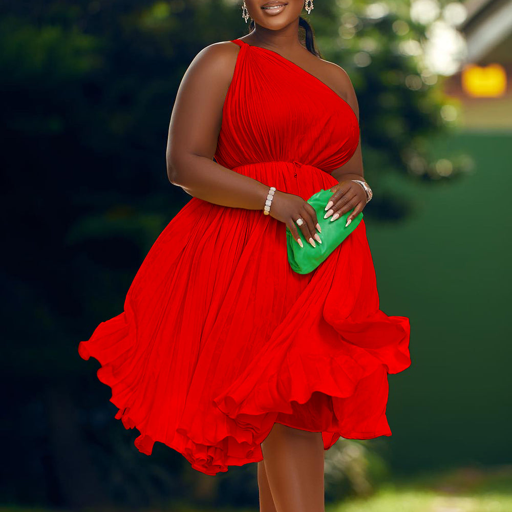 D3208 african plus size women's clothing  summer new pleated one-shoulder maxi dress with tie-up detail, solid color, european and american style