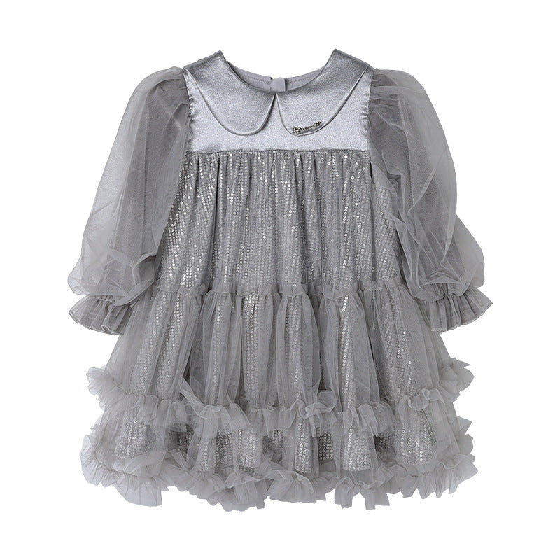 Girls' dress  autumn new arrival: exquisite sequin tulle tutu dress, high-end formal gown with bow detail, princess style