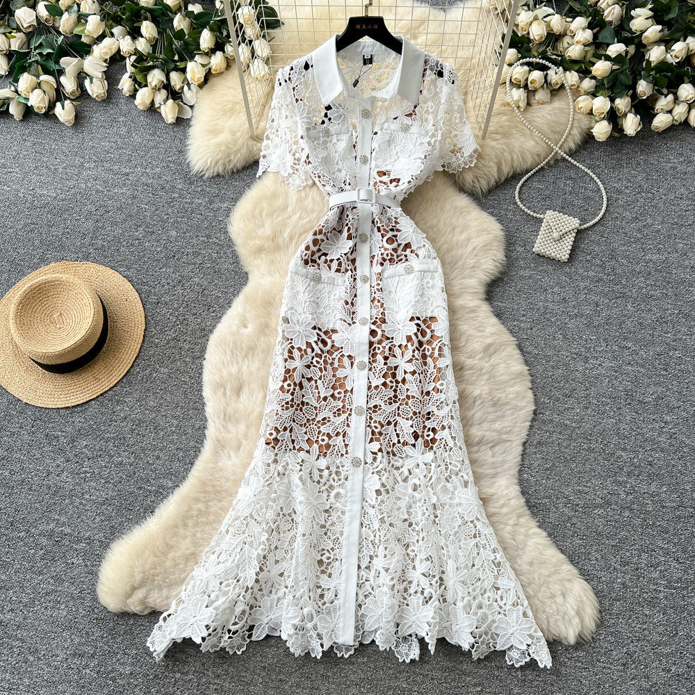 French chic heavy lace cutout dress - women's summer collared, slim-fit, work-ready, elegant maxi dress