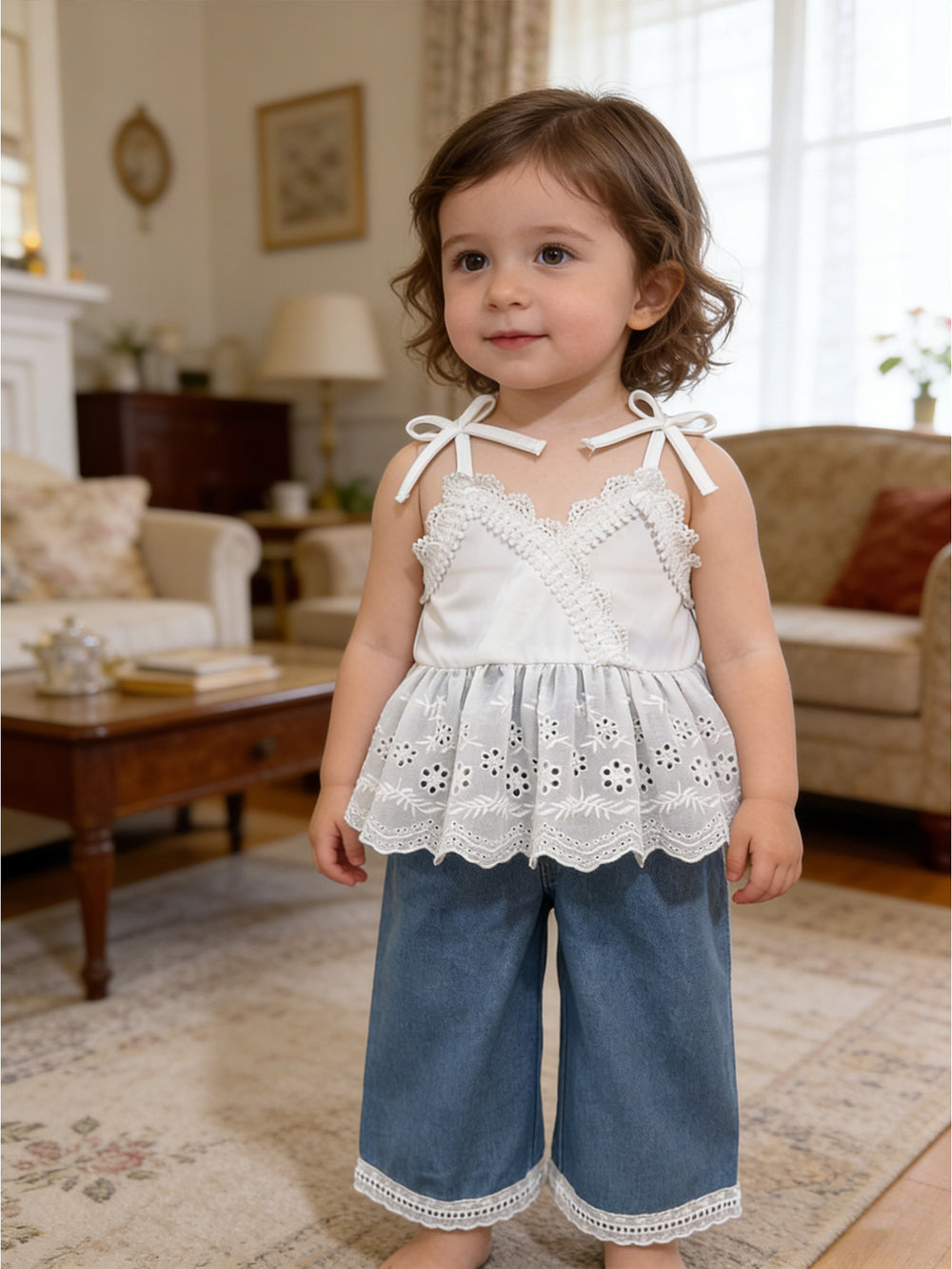 new cross-border girls' country style cotton-like embroidered top with lace trim and washed denim pants set