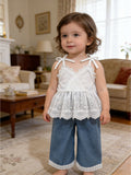 new cross-border girls' country style cotton-like embroidered top with lace trim and washed denim pants set