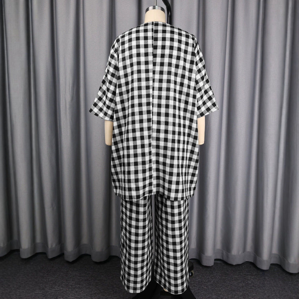Autumn new plaid design suit casual work clothing bows decorated straight-leg pantsloosecasualtwo-piece set