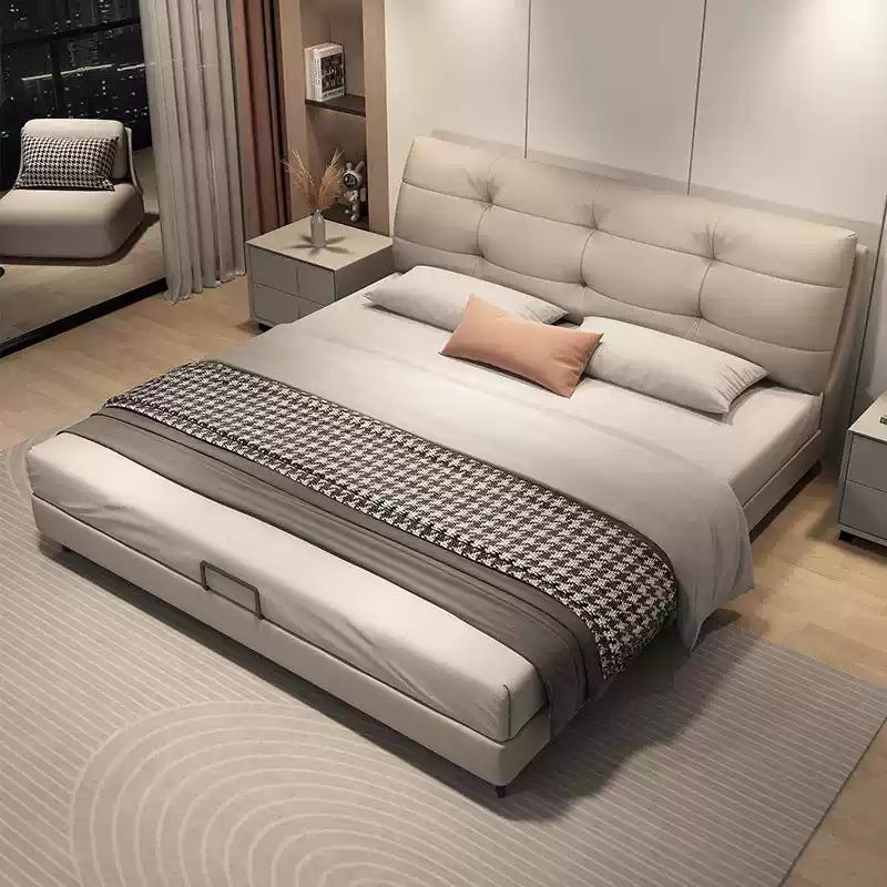 Modern casual genuine leather bed master bedroom soft pack fairy puff leather art bed cream style classy bedroom furniture bed master bedroom