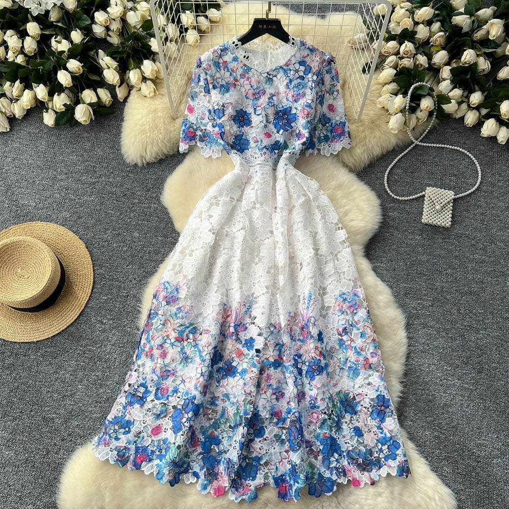 Frenchclassy sense cut out water-soluble laceprintingdress women's slimming look elegant round neck short-sleeved mid-length skirt