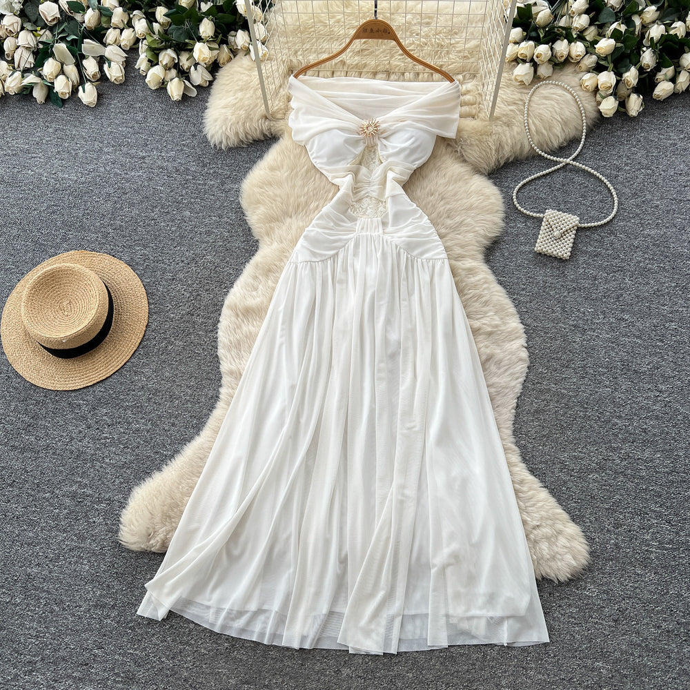 French riviera style off-the-shoulder white a-line dress - sleeveless, slim-fit, and elegant summer maxi dress for women