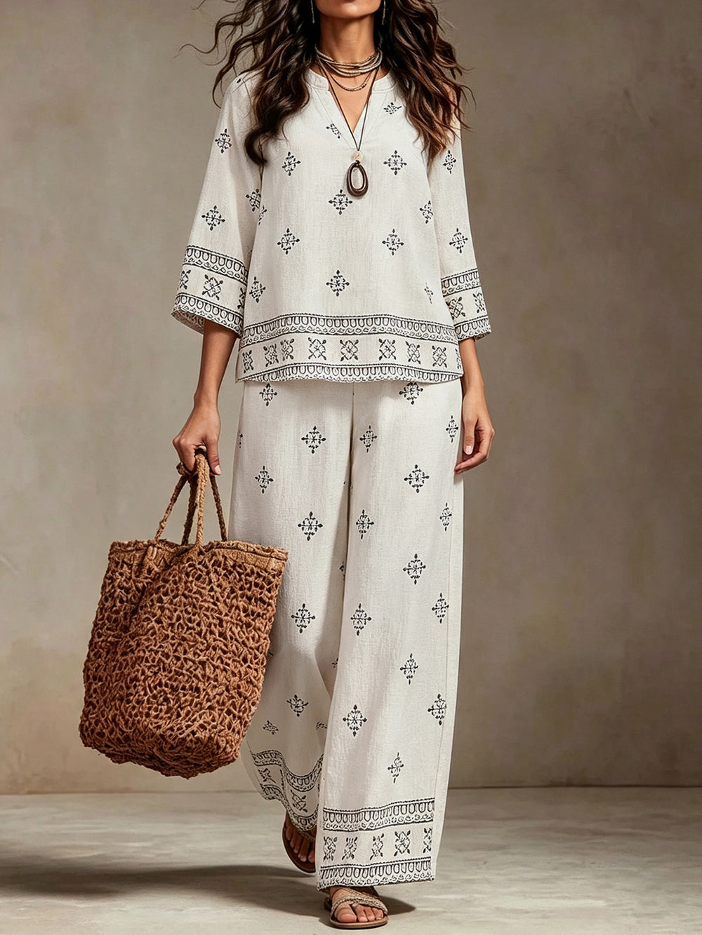 Vacation style plus sizenational style suitretro geometric printingv neck mid-sleeve topsloosestraight-leg pants fat mm