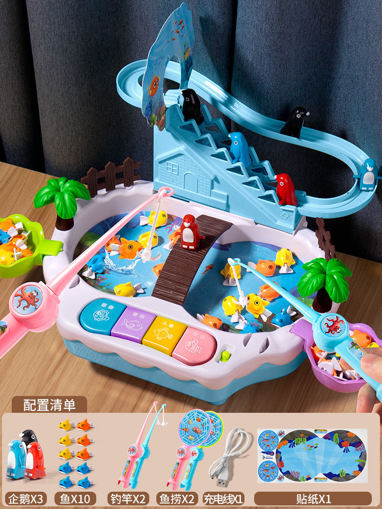 Magnetic levitation track electric fishing children's early education puzzle can add water sliding music fishing table toys boys and girls
