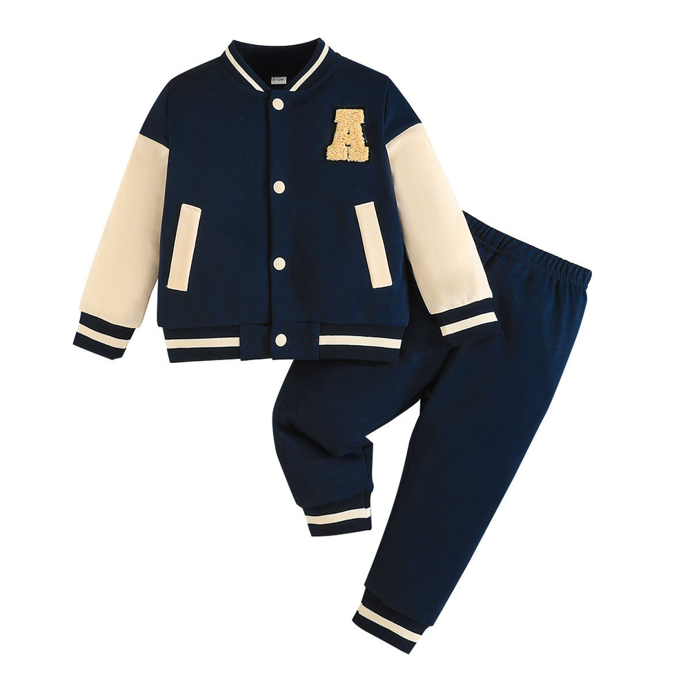 european and american cross-border new autumn collection: boys' two-piece baseball outfit with patchwork sleeves - long sleeve top and pants - hot seller