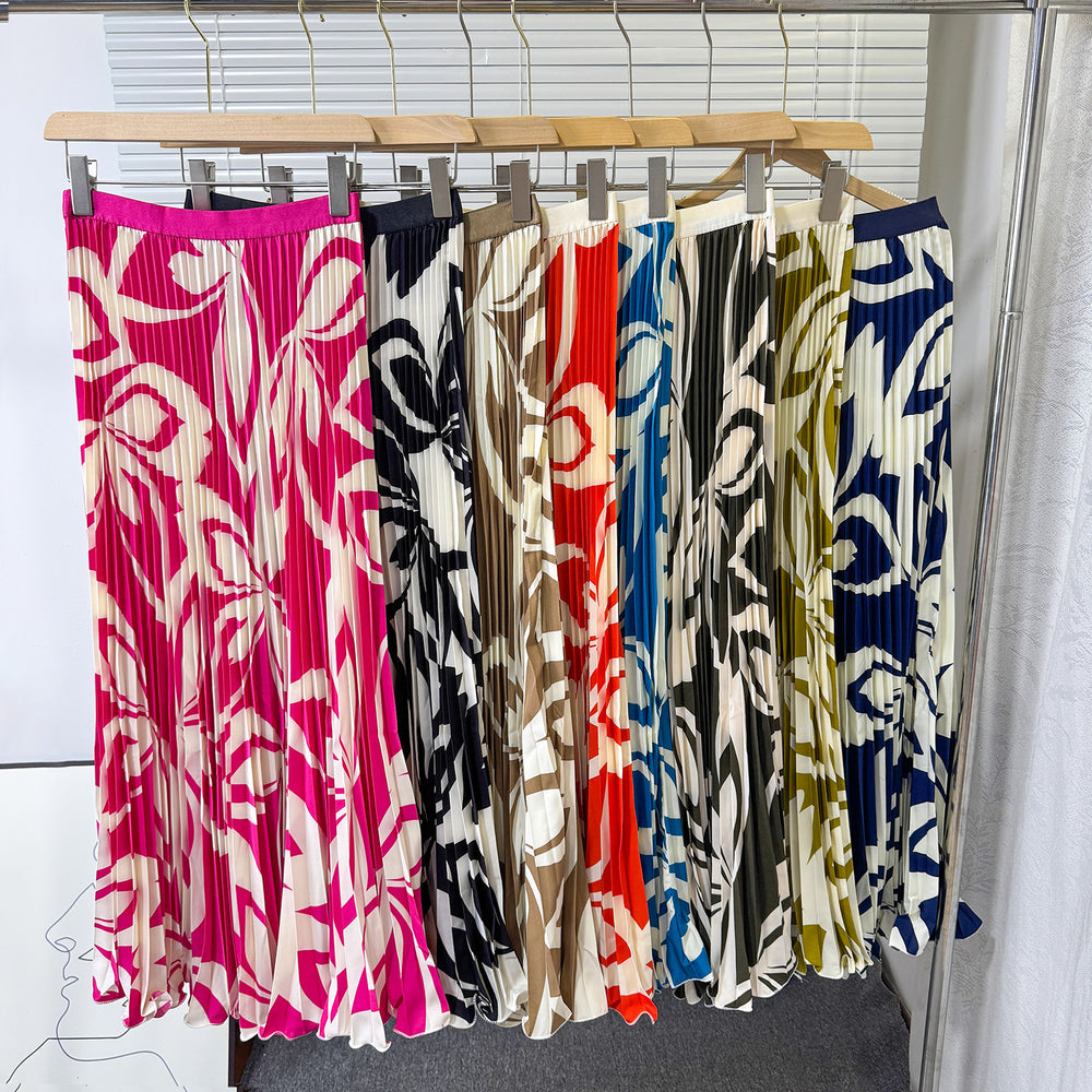 European and american style elegant pleated print midi skirt - high waist, slimming, flowy a-line skirt with elastic waistband - perfect for summer