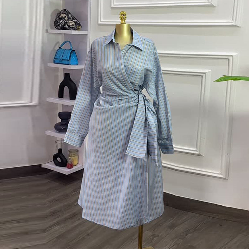 European and american women's clothing  autumn new sweet and fresh striped turn-down collar long sleeve tie-waist maxi dress