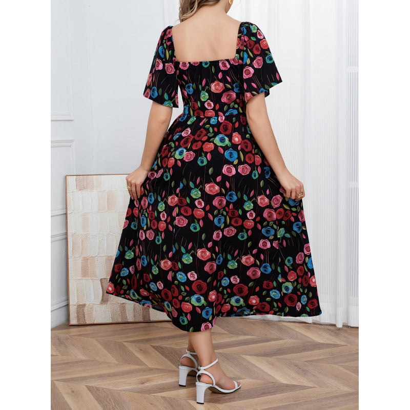 code new arrival  women's original fashion square neck lace high waist printingdress