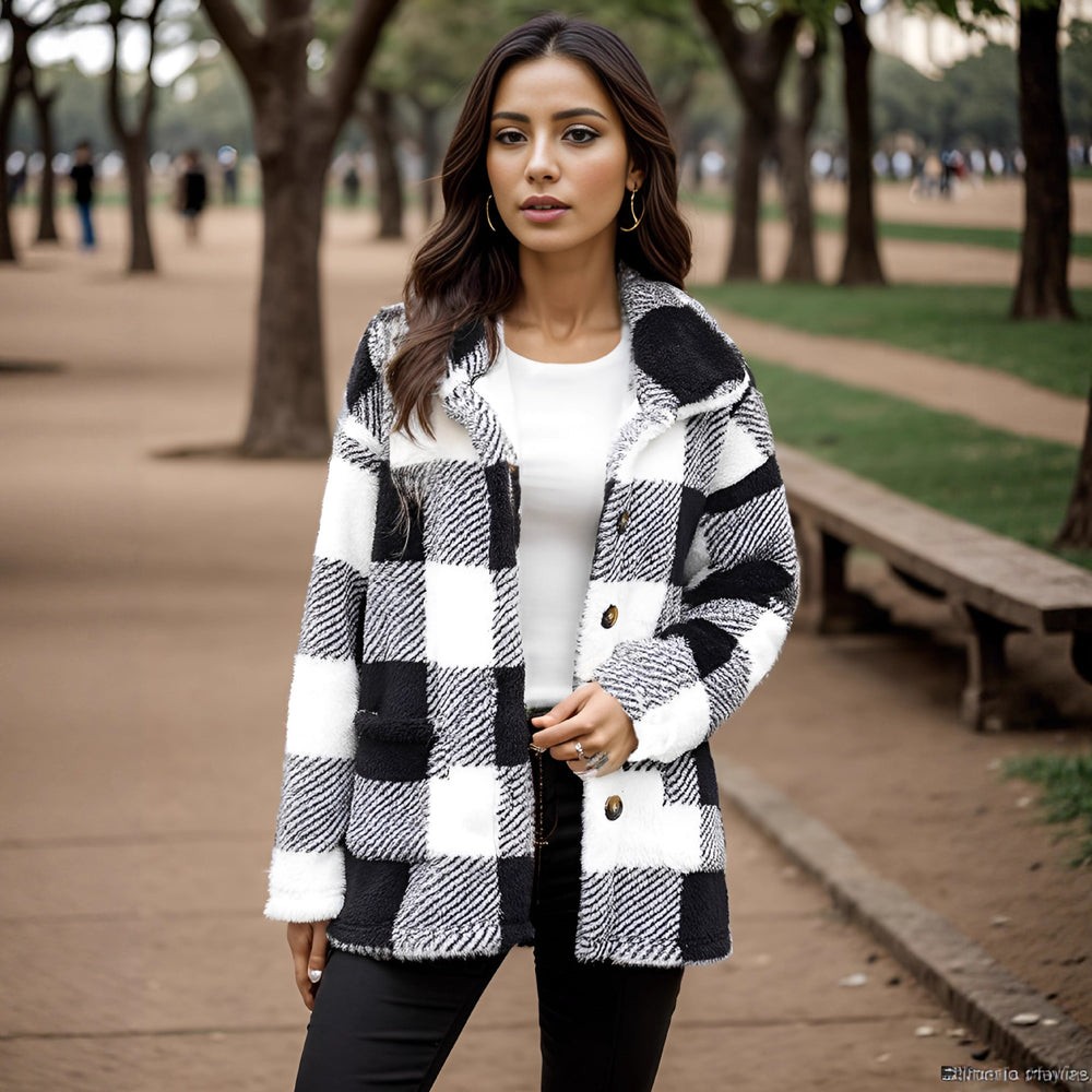 European and american plush women's clothing 2023 new amazon long-sleeved plaid button-down pocketed loose-fit mid-length coat