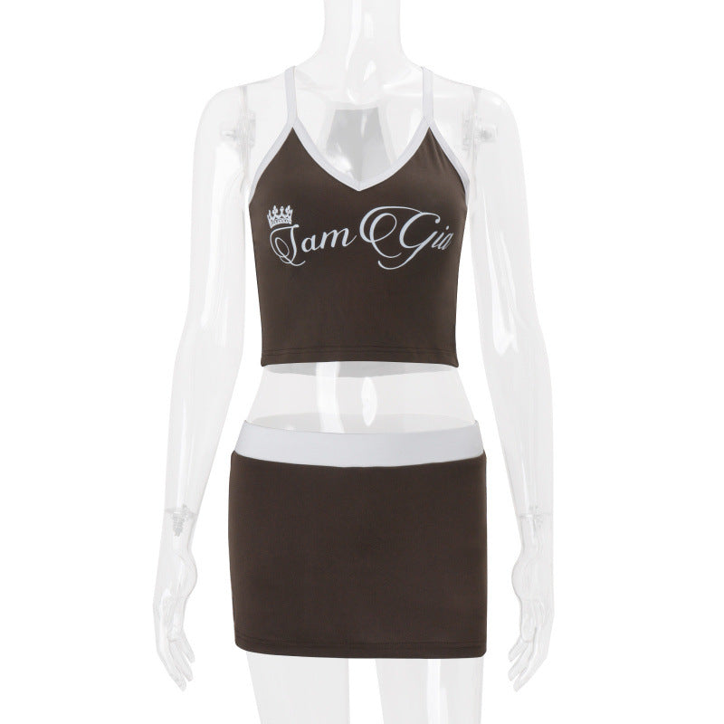 European and american style women's summer  new collection: letter print spicy girl crop top and bodycon mini skirt set