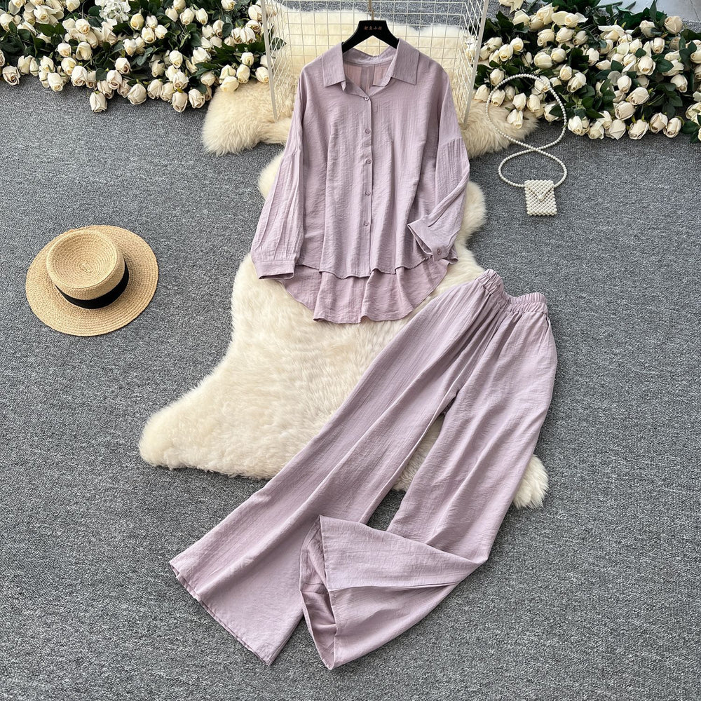 Casual fashionablesuit women's lazy style sense of designasymmetricallong sleevesshirthigh waistloose pantsstraight-leg pantstwo-piece set