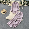 Casual fashionablesuit women's lazy style sense of designasymmetricallong sleevesshirthigh waistloose pantsstraight-leg pantstwo-piece set