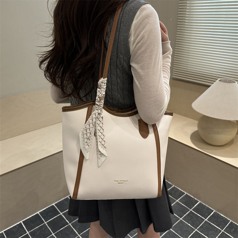 new arrival silk scarf satchel bag women's fashion large capacity contrast color tote bag 2026springnew arrival contrast color women's bag