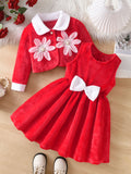 girls' skirt set: red floral patchwork jacket, vest, and dress - kids' christmas two-piece outfit