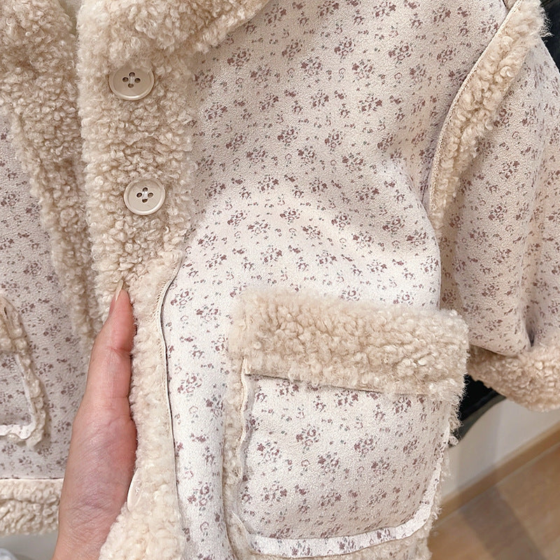 Girls' fall/winter fleece-lined outerwear, autumn baby cute early autumn clothes, korean style outing top, children's clothing