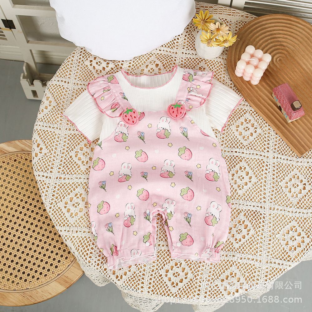 Baby girl summer short-sleeve strawberry romper - faux two-piece infant bodysuit - newborn outfit