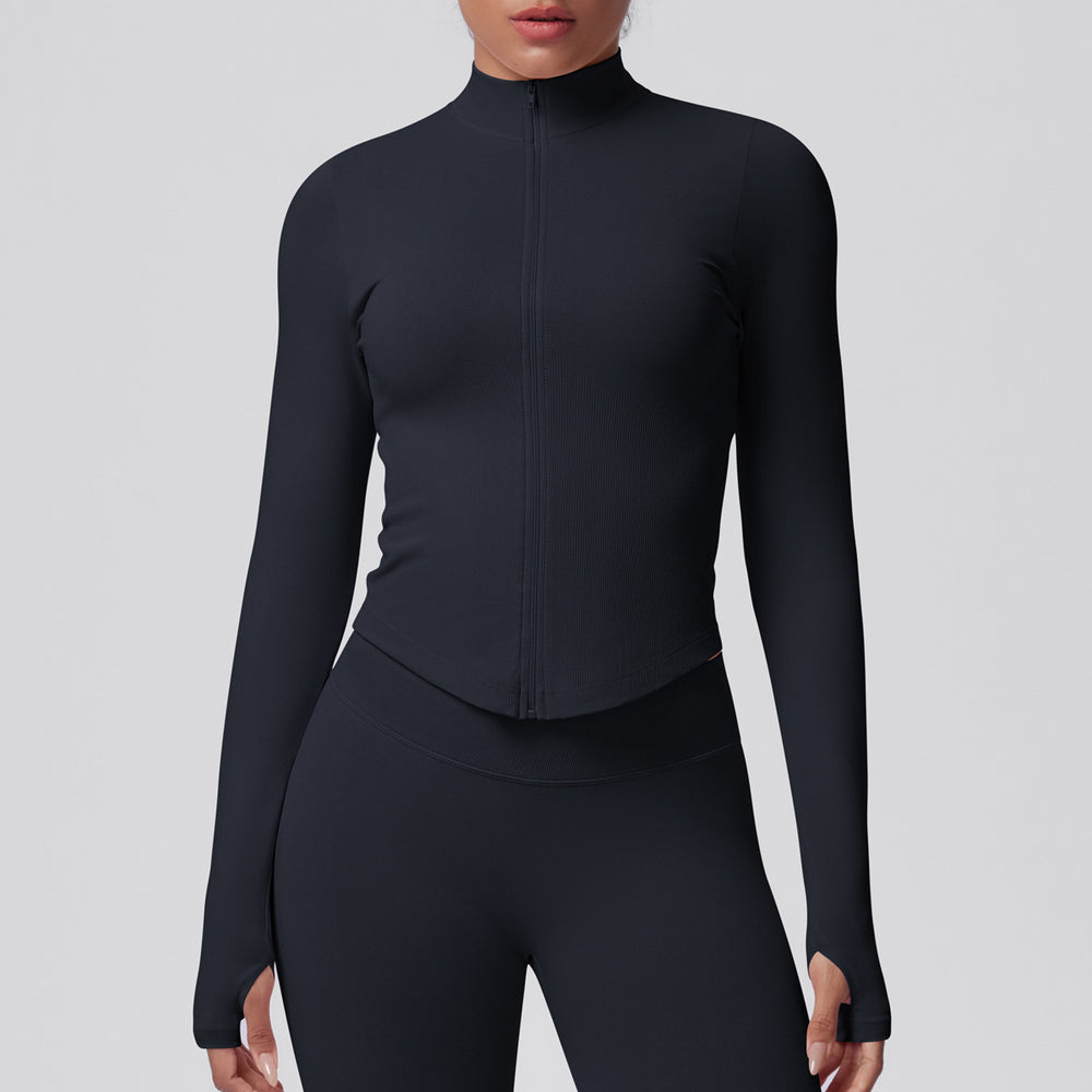 seamless pure color tight high elastic breathable stand collar zipper outwear sports running fitness yoga wear tops for women