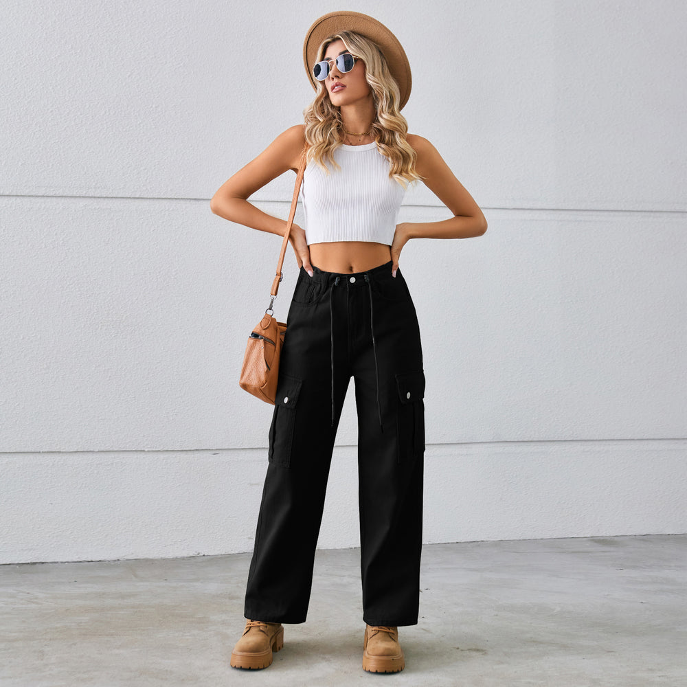 Fashion cross-border independent station  new arrival denim drawstring adjustable washed overalls pants casual pants for women