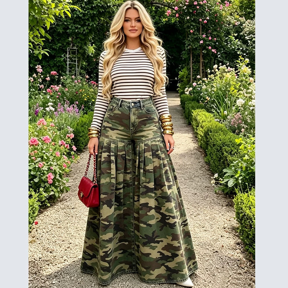 European and american high-waisted camouflage wide-leg jeans - new fashion ruffle pleated casual pants for  cross-border women's fashion