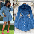 fashionfashion style retro denim skirt waist strap waist elegant buttoned silmshortdress