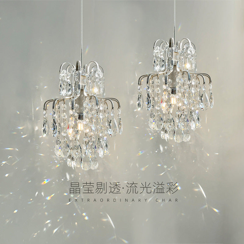 French retro cream white crystal teardrop mini pendant light - cream style for bedroom, bedside, entryway, bay window, and homestay