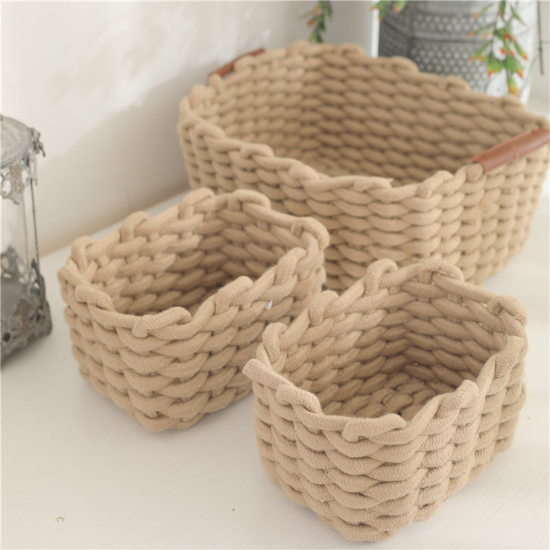Leather handle twin sundries with handle cotton rope woven storage basket size cosmetics lipstick storage box eyeshadow