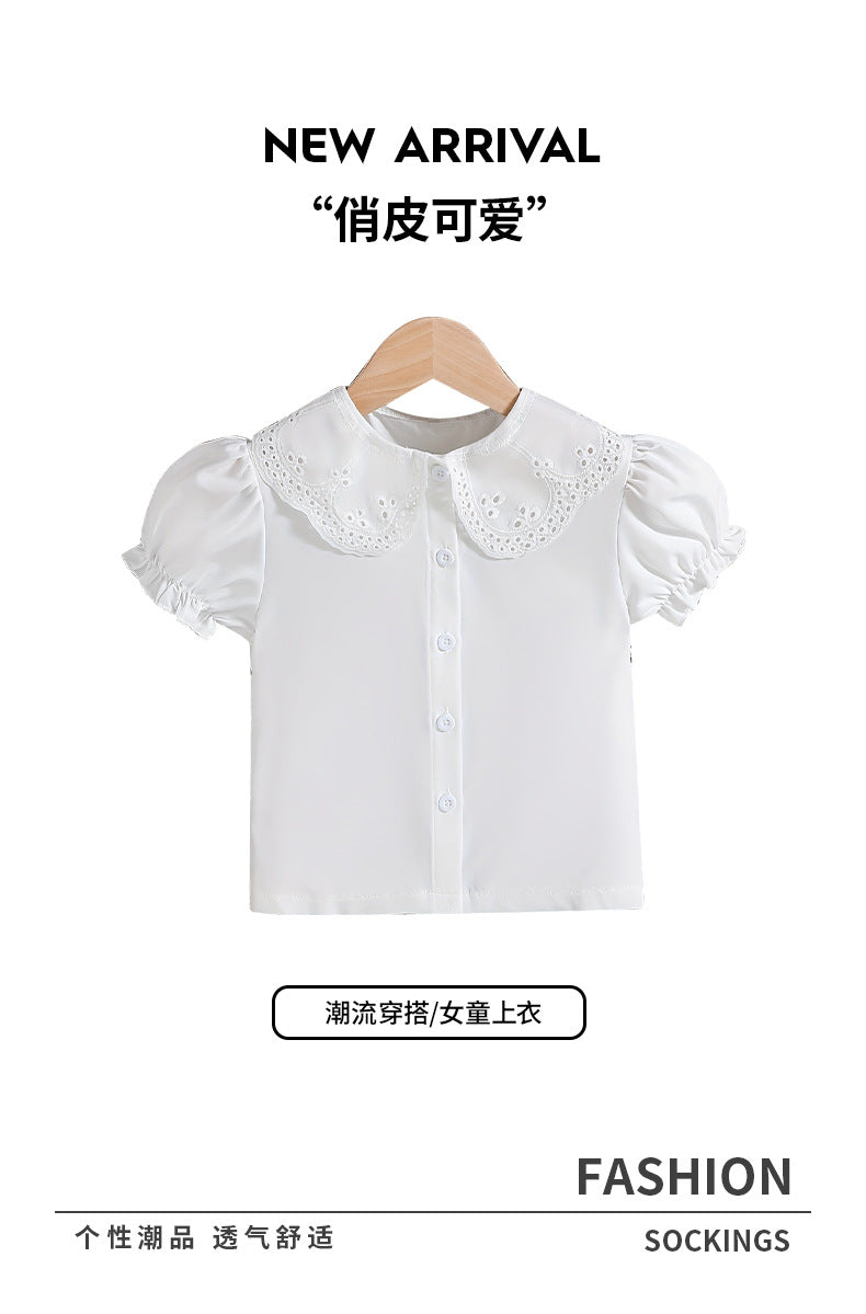 Summer girls' blouse - cross-border supply - pure white peter pan collar puff sleeve cute t-shirt top for young children
