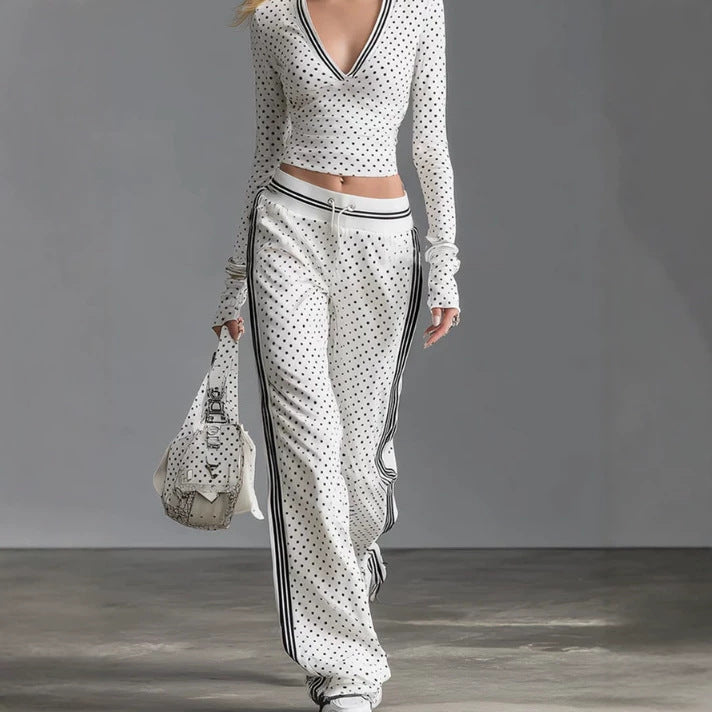 spring new arrival cross-border independent station  fashion v neck polka dot pants long sleeves sportswear suit