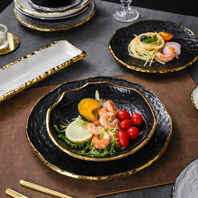 Luxury retro-style irregular ceramic dinnerware set with embossed gold trim – perfect for home, restaurant, and hotel table settings
