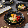 Luxury retro-style irregular ceramic dinnerware set with embossed gold trim – perfect for home, restaurant, and hotel table settings