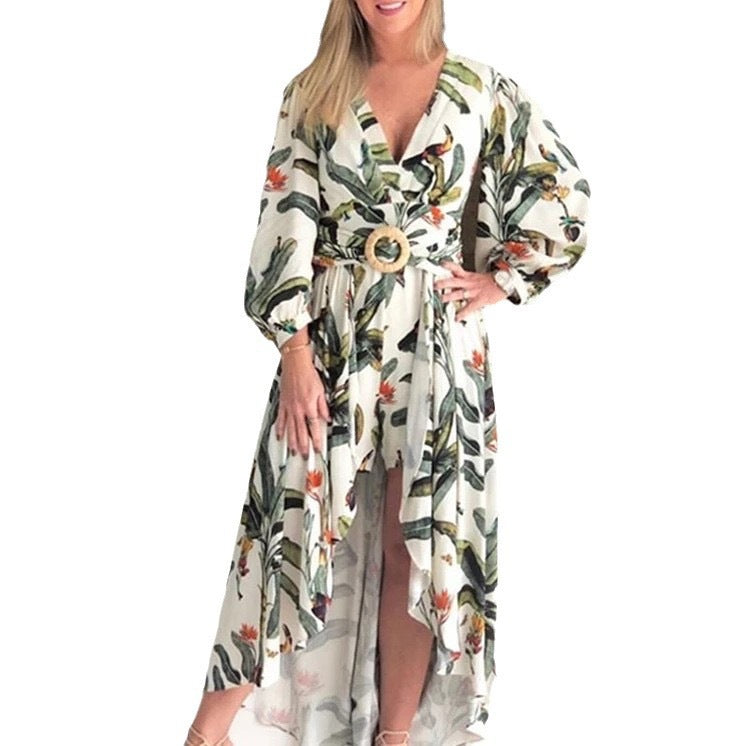 Amazon  european and american fashion women's clothing  summer new deep v one-shoulder printed irregular dress