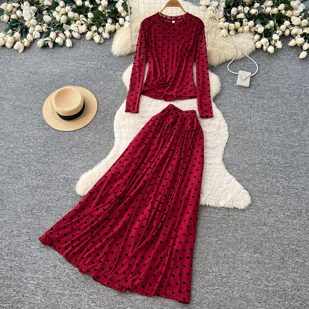 French chic polka dot two-piece set: women's autumn long sleeve high-waisted slimming mesh top and midi skirt elegant outfit